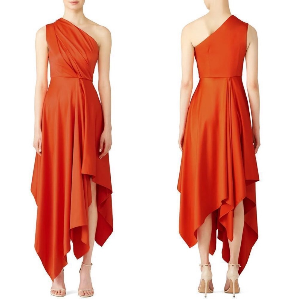 SOLACE LONDON Marine Vibrant Orange Draped One-Shoulder Dress - Sz 4